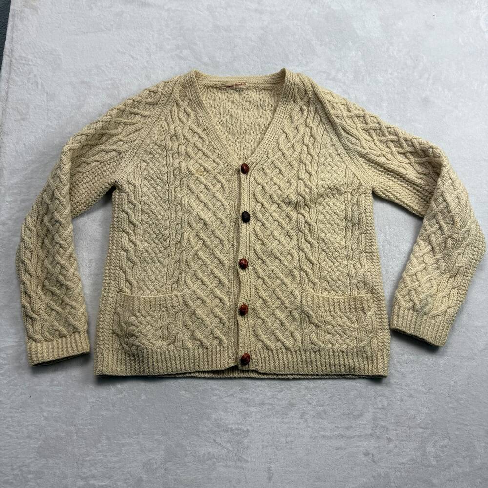 Almar Handknits Women's Cream Cardigan Sweater Size XL Wool Cable Knit Vintage